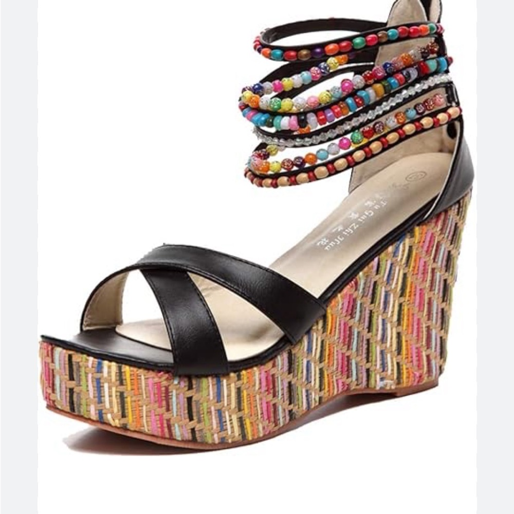 Wedge sandals black with multi color beading